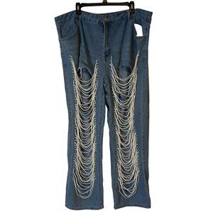 Womens Pearl Chain Legs Blue Jeans Size 3XL Distressed Ripped High Rise Wide Leg